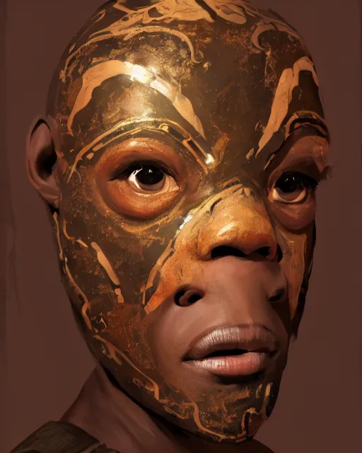 Image similar to portrait of an african boy with a wodden mask, dramatic lighting concept art by craig mullins and ruan jia and raphael lacoste, trending on artstation,