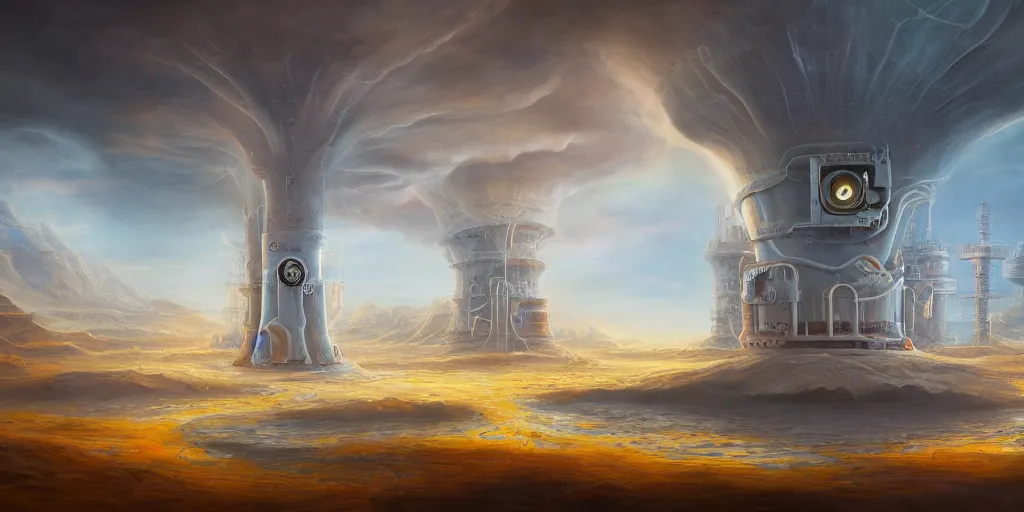 Prompt: A surreal landscape with eyes throughout it around a nuclear reactor by Noah Bradley and Salvador Dali, 4k, award winning artwork, trending on artstation.