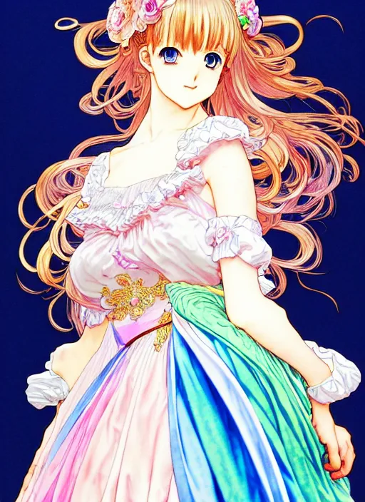 Image similar to manga of beautiful princess, rococo ruffles dress, pastel rainbow, pearlescent, shimmering, reflective, rim light, detailed background, takeshi obata, minaba hideo, shigenori soejima, alphonse mucha, illustration,, artstation, pivix, concept art, highly detailed, colorful, maximalist