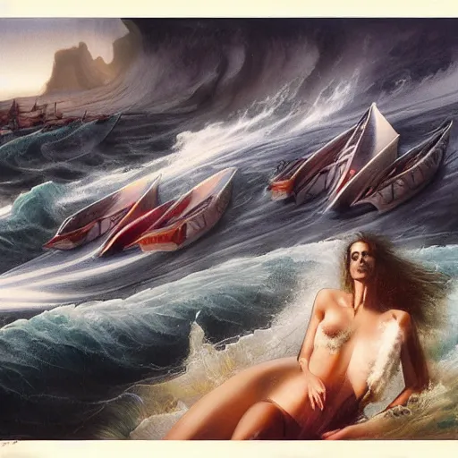 Prompt: by peter andrew jones, by rebeca saray tranquil. the installation art of a huge wave about to crash down on three small boats. the boats are filled with people, & they all look terrified.