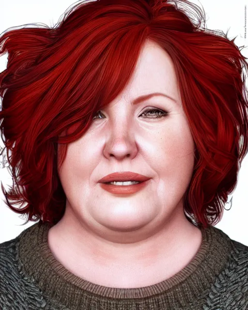 Image similar to portrait of happy short and plump 5 0 - year - old woman with red hair and, kind face, round face, short hair, molly weasley, wearing in cardigan, hyper realistic face, beautiful eyes, character art, art by mark brooks, hyperdetailed, cryengine, trending on artstation, digital art