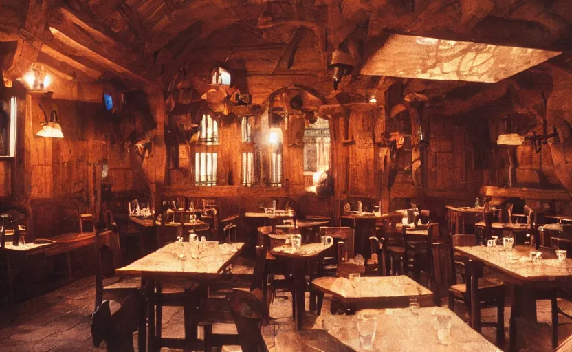 Image similar to A medieval Tavern with warmly lit windows by stanley kubrick, shot by 35mm film color photography