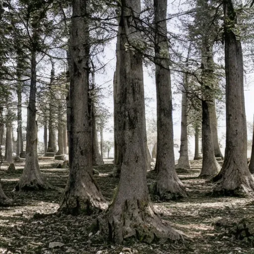 Image similar to a forest of trees made out of stone, blue tentacles