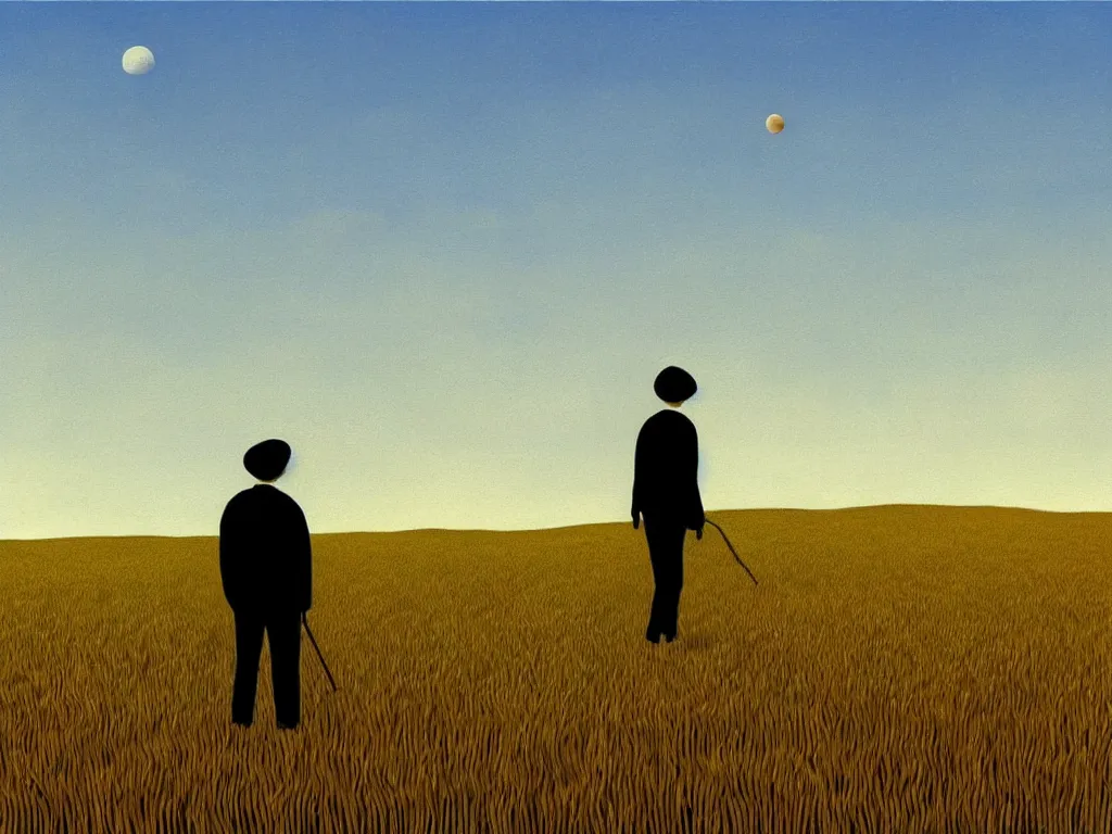 Image similar to a painting of a lonely figure walking away in a wheat field with planet circles above the horizon on a bright noon, minimalistic, sharp edges, elegant, highly detailed, digital painting, artstation, concept art, smooth, sharp focus, colored illustration for tattoo, art by krenz cushart and rene magritte and david inshaw,