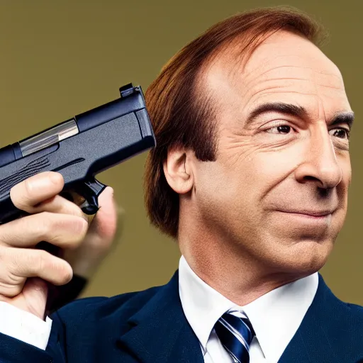 Prompt: a medium shot photo of saul goodman extremely happy to have a gun ,8k, DSLR, highly detailed skin