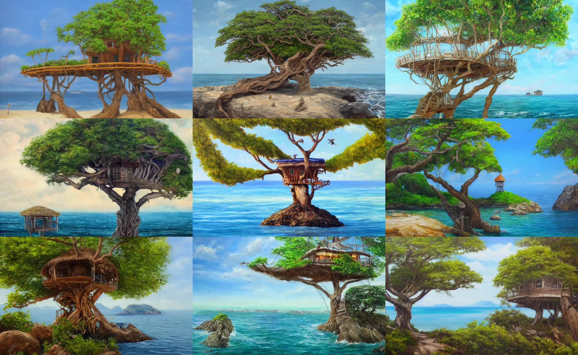 Prompt: realism painting of a mystical island treehouse on the ocean