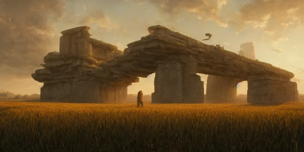 Image similar to wide shot of a monolithic structure floating high above a cornfield, late afternoon, golden hour, highly detailed, smooth, sharp focus, concept art by greg rutkowski and ruan jia