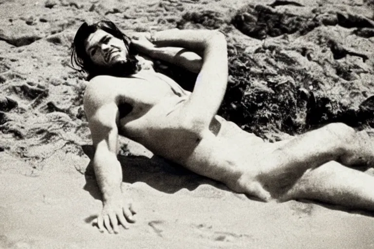 Prompt: Che Guevara taking a sunbath at the beach, 1932 photograph