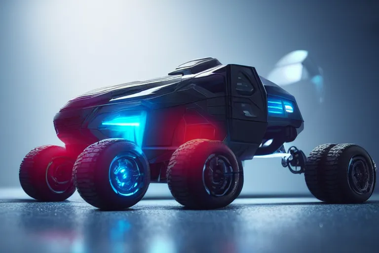 Image similar to still photo of a futuristic cyberpunk remote control truck, highly detailed, photorealistic portrait, bright studio setting, studio lighting, crisp quality and light reflections, unreal engine 5 quality render