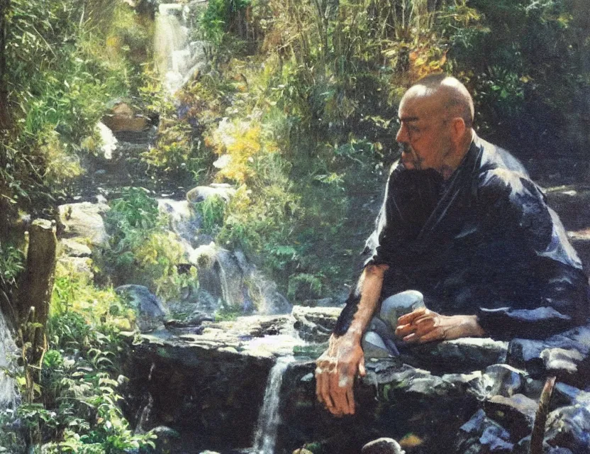 Image similar to by steve hanks, by serov valentin, by lisa yuskavage, by andrei tarkovsky, by terrence malick focused monk sits near waterfall, golden ratio, perfect symmetrical, polaroid, vintage, soft lights, foggy, oil on canvas