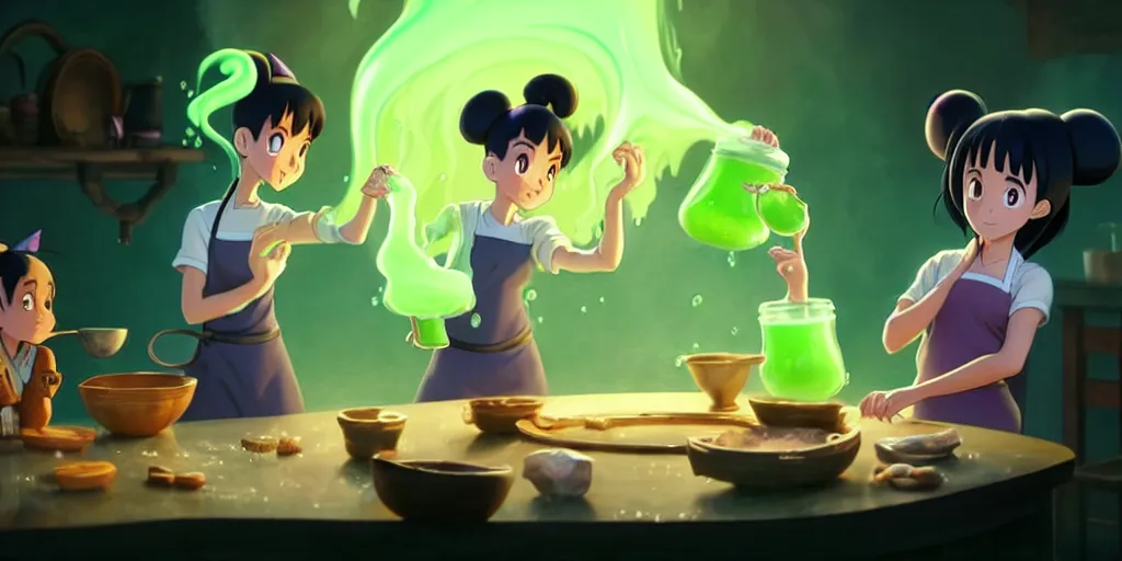 Image similar to a wholesome animation key shot of a ariana grande with black hair as a witch cooking a magic potion in her cauldron of bubbling green liquid as her cats watch, medium shot, waist up, studio ghibli, pixar and disney animation, sharp, rendered in unreal engine 5, anime key art by greg rutkowski, bloom, dramatic lighting