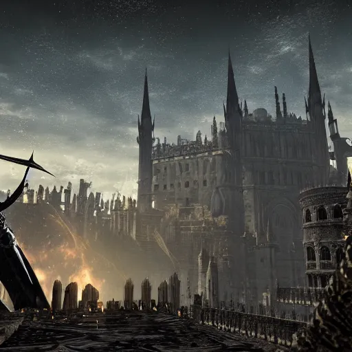 Image similar to A sprawling view of Anor Londo, Dark Souls in a starry night