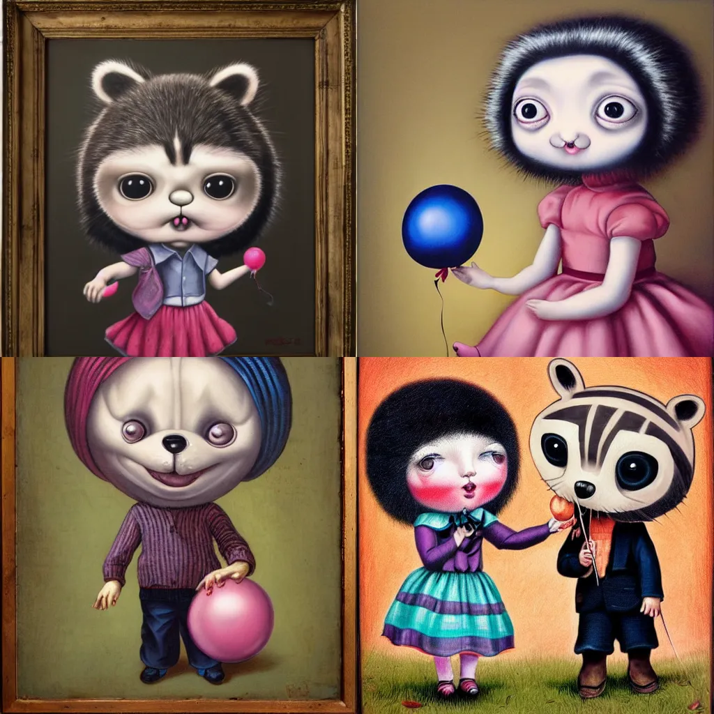 Prompt: little girl holding a balloon, a boy in a raccoon suit trying to pop the balloon, in the style of mark ryden, highly detailed, low brow art,