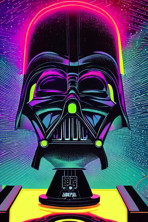 Prompt: closeup potrait of darth vader dj standing on a giant science fiction neon turntable at a astronaut rave, anti gravity, digital art, winning award masterpiece, fantastically beautiful, intricate, illustration, dan mumford, geof darrow, moebius, 8 k, octane, symmetrical