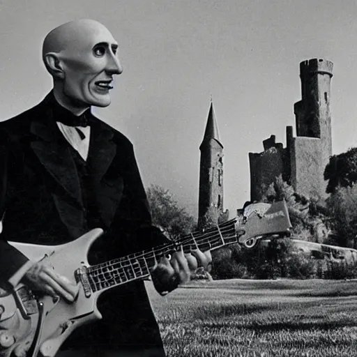 Image similar to vintage photograph of count orlok outside his castle, playing the blues on guitar, castle in the background, 4 k