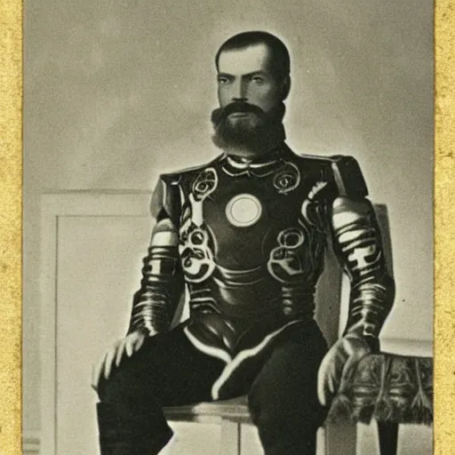 Prompt: tsar nicholas ii as iron man, historical photograph