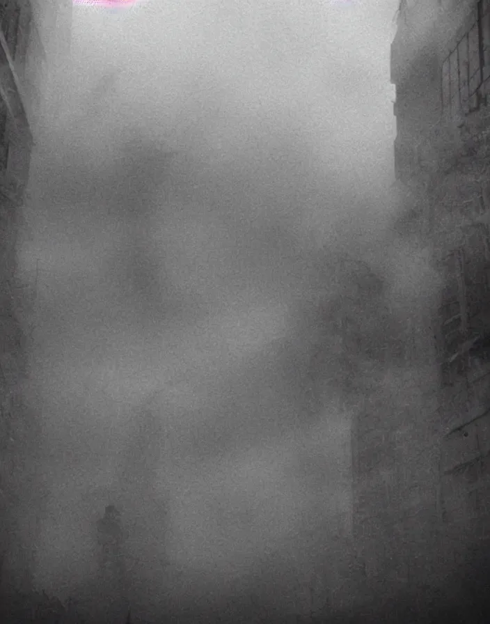 Image similar to very low - resolution found footage of a couple escaping in the city from a starfish kaiju monster, fog, foggy, korean film noir, monochrome, red hue, thriller, underdeveloped, epic, dramatic