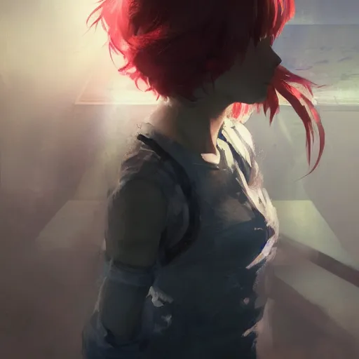 Image similar to portrait of a teen girl with short red hair, dramatic lighting, anime illustration by Alexis Franklin, Greg rutkowski, yoji shinkawa, 4k, digital art, concept art, trending on artstation, アニメ, featured on pixiv