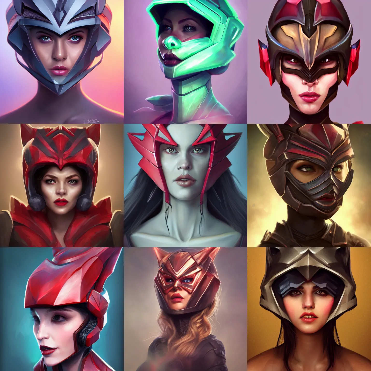 Prompt: character portrait of a woman with a realistically proportioned face in a demonic hextech helmet, realistic face details, smooth, highly detailed portrait, digital painting, smooth, cgi, 3 d animation, painted texture maps, sharp focus, illustration, in the style of studio fortiche