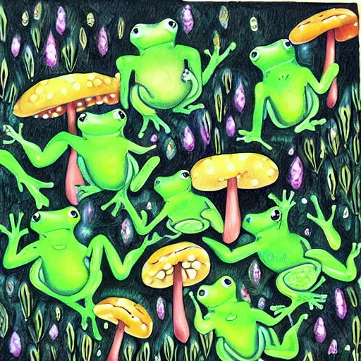 Image similar to dancing frogs at night amidst mushrooms and moss. Painting by Margot Datz