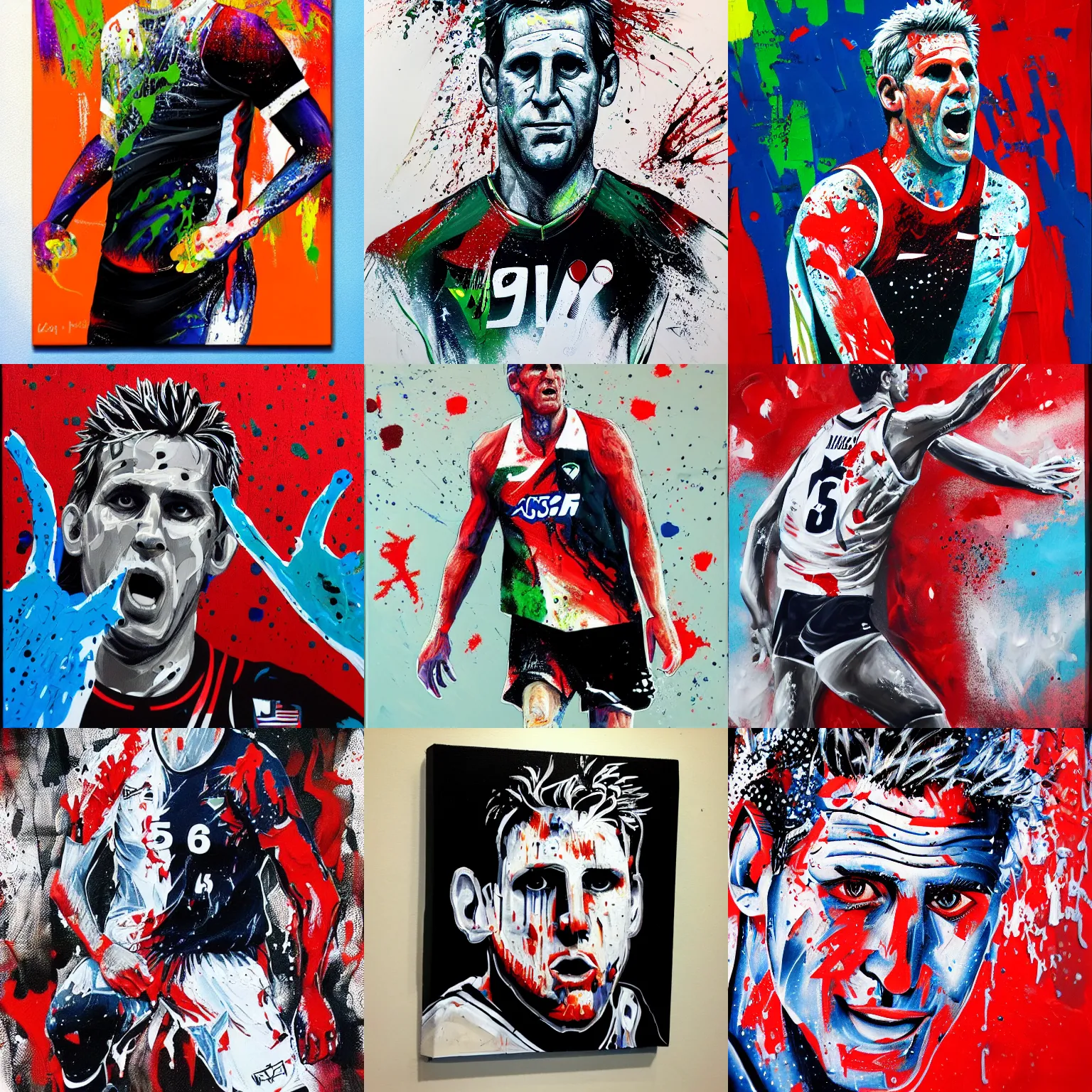 Prompt: karch kiraly, acrylic on canvas, splattered paint, sharp details, usa volleyball, black background, trending on artstation