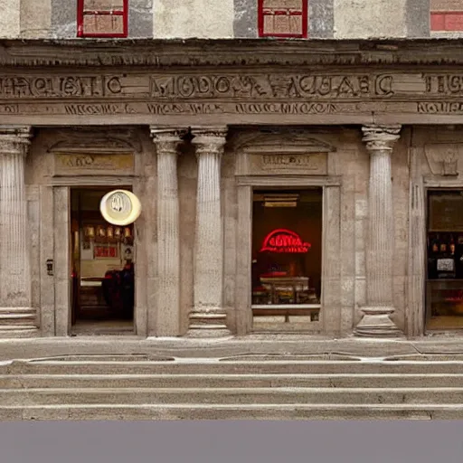 Image similar to Beautiful Promotional Photograph of ancient Roman McDonalds, wideshot,longshot,fullshot.