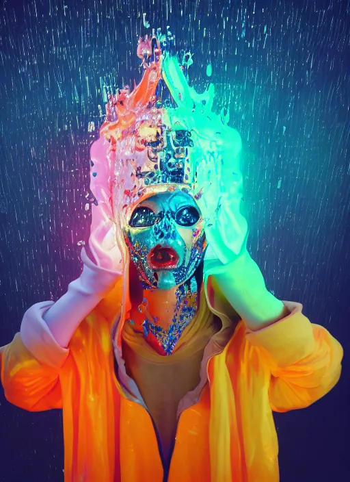 Image similar to photo of fullbodied baroque and bladerunner neon drippy tar sculpture of seductive ceramic albino ceramic prince brian whittaker dotado lavendar iridescent humanoid deity wearing orange plastic fluffy hoody holding diamond skull in a blue alien dungeon, reclining, glowing rainbow face, crown of white diamonds, cinematic lighting, photorealistic, octane render 8 k depth of field 3 d