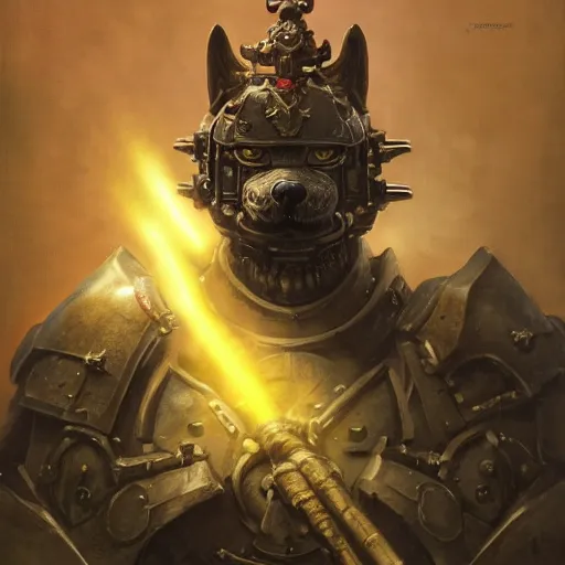 Image similar to warhammer 4 0 k emperor champion black armor, anthropomorphic shiba inu, shiba inu face, stuning 3 d render, masterpiece, glowing aura, by donato giancola and greg rutkowski and wayne barlow and zdzisław beksinski, realistic face