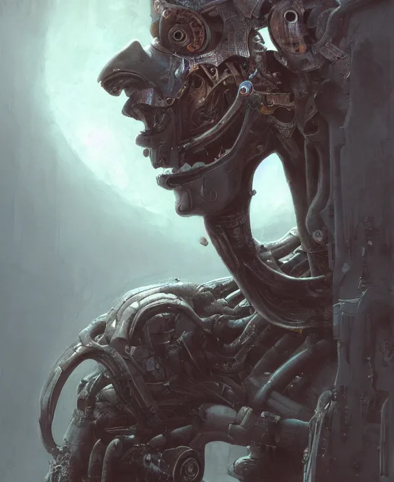 Image similar to a portrait of a cyborg waluigi from smash bros, by hr giger and beksinski and stephan martiniere, trending on artstation, 4 k resolution, detailed, high quality, hq artwork