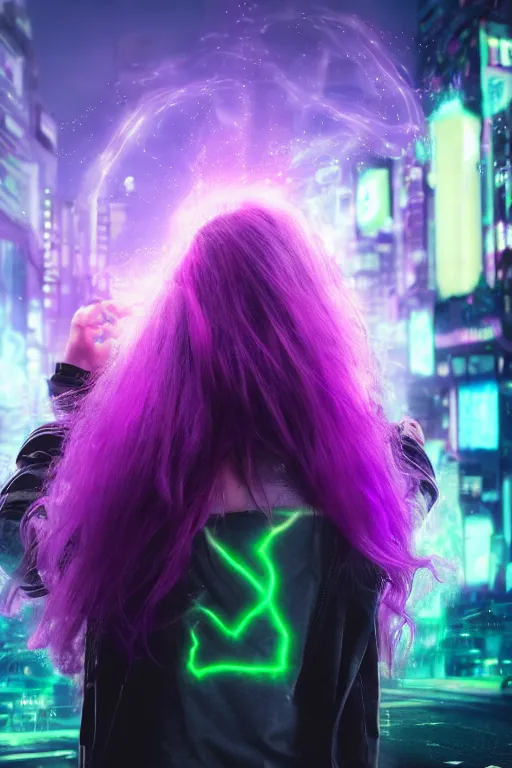 Prompt: young teen with purple hair from behind with green flames dancing on her hands with a long jacket in a cyberpunk city, realistic, high definition, 4K, shimmering color, digital art