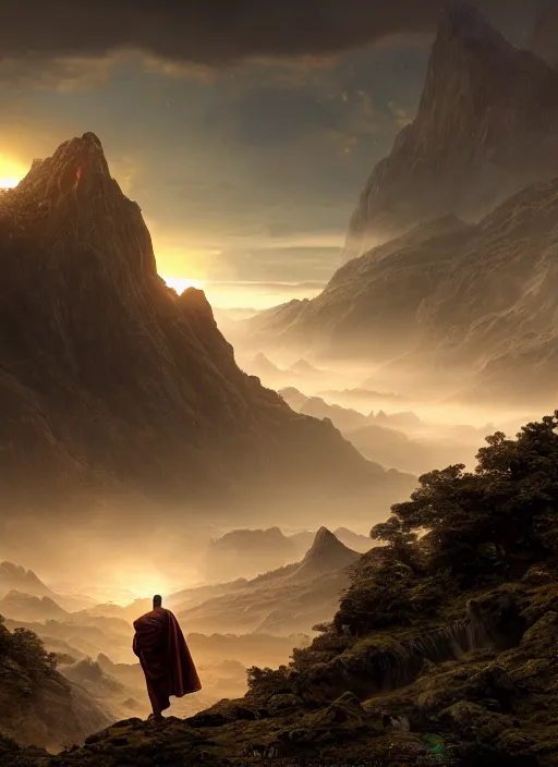 Prompt: a cosmic monk in lord of the rings scenery landscape, looking out at a lush valley, futuristic alien spacecraft in the sky, sunrise, god's rays, highly detailed, vivid color, cinematic lighting, perfect composition, 8 k, gustave dore, derek zabrocki, greg rutkowski, belsinski, octane render