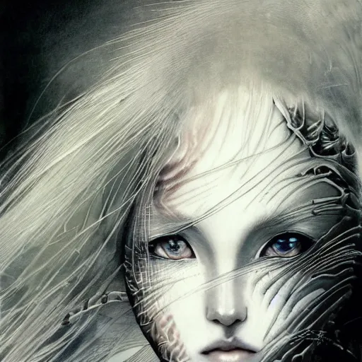 Image similar to Yoshitaka Amano realistic illustration of an anime girl with wavy white hair and cracks on her face wearing Elden ring armour with the cape fluttering in the wind, abstract black and white patterns on the background, noisy film grain effect, highly detailed, Renaissance oil painting, weird portrait angle