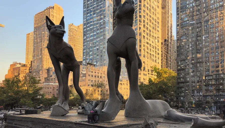 Prompt: anubis statue placed in new york, sunset, drone footage, sharp focus, professional photo