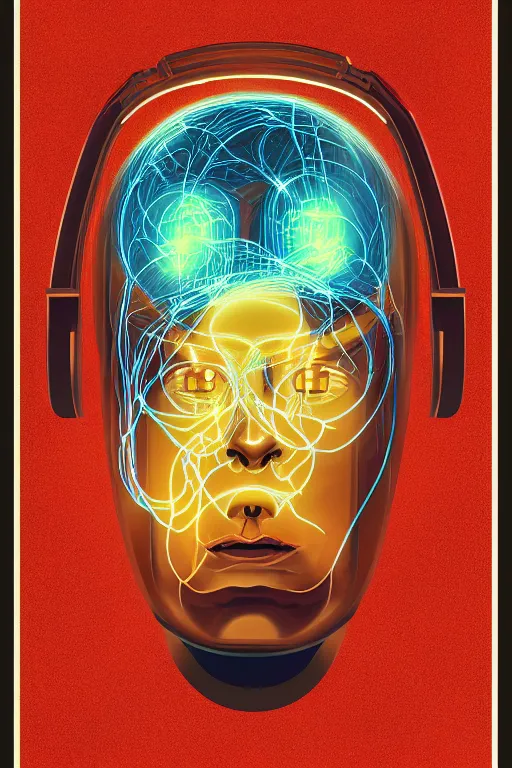 Image similar to portrait of a organic cyborg head wrapped in optical fibers by pixar, centered, symmetrical, bilateral symmetry, 70s poster, polished, retro dark vintage sci-fi, 2D matte illustration