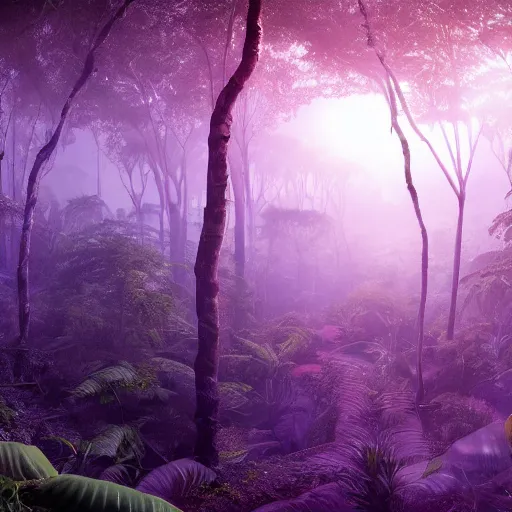 Prompt: : panoramic photo purple mystical jungle hyper - realistic, detailed, render by c 4 d octane, unreal engine, 8 k ray traceing