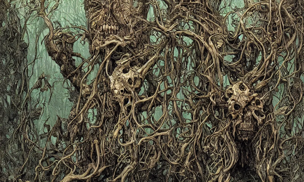 Image similar to hyperdetailed art nouveau portrait of treebeard as a cthulhu eyeball skull wendigo cryptid, by geof darrow, simon bisley and bill sienkiewicz, grim yet sparkling atmosphere, photorealism, claws, skeleton, antlers, fangs, forest, wild, crazy, horror, lynn varley, lovern kindzierski, steve oliff