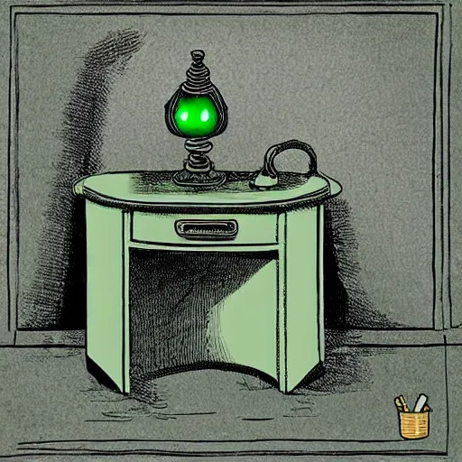 Image similar to a black cauldron filled with a magical green glowing potion standing in an old wilden desk, medieval, digital art, dark brown white green colours, mysterious, very detailed, realistic