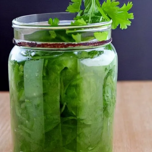 Prompt: cucumber funeral floating in a jar of vinegar with onions and parsley attending the funeral. it's very sad and gloomy and green