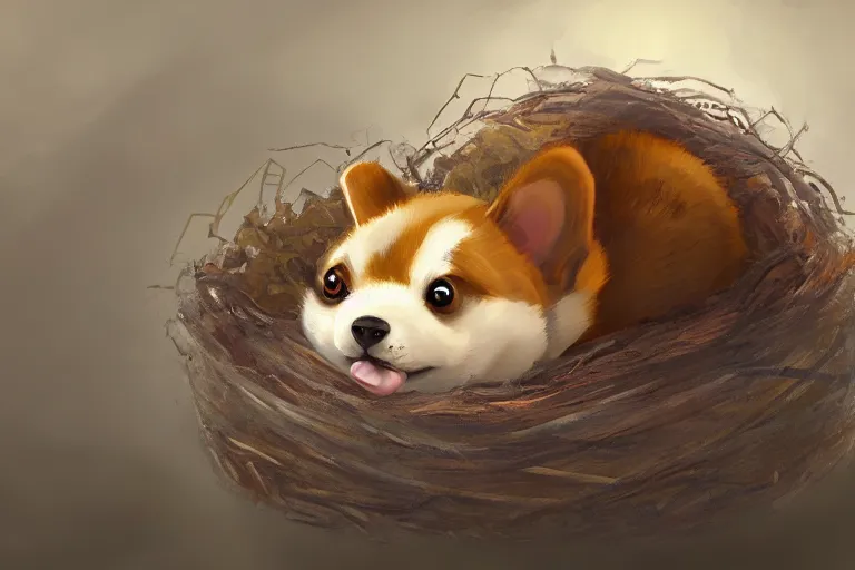 Prompt: a baby corgi crawling out of an egg in a nest, fantasy art, concept art, digital art, trending on artstation, 4 k, extremely detailed, realistic,