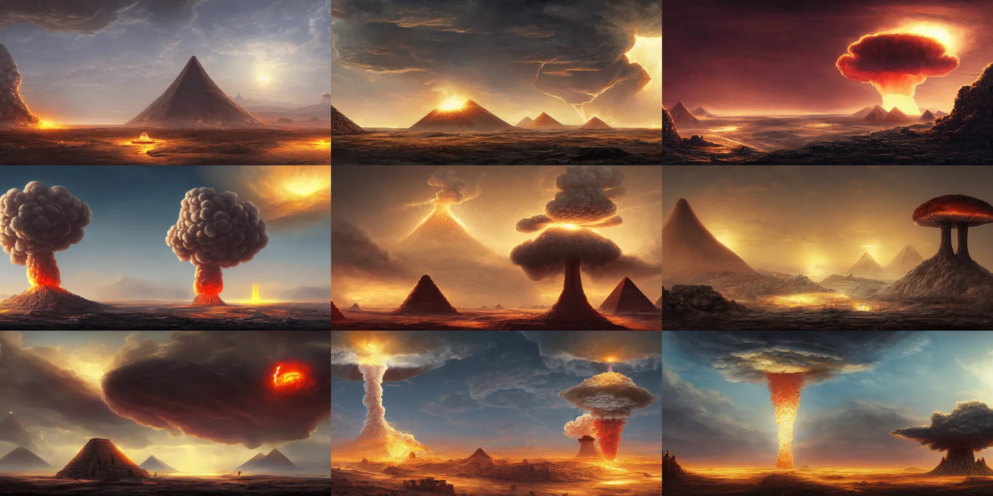 Prompt: a nuclear explosion in ancient egypt, mushroom cloud on horizon, concept art, by yoann lossell, raphael lacoste, highly detailed, 4 k, beautiful