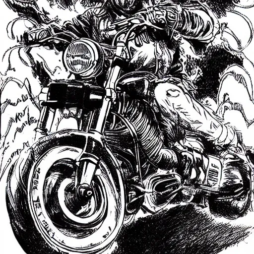 Prompt: hells angel biker riding through a burning street, intricate ink drawing, highly detailed in the style of jamie hewlett