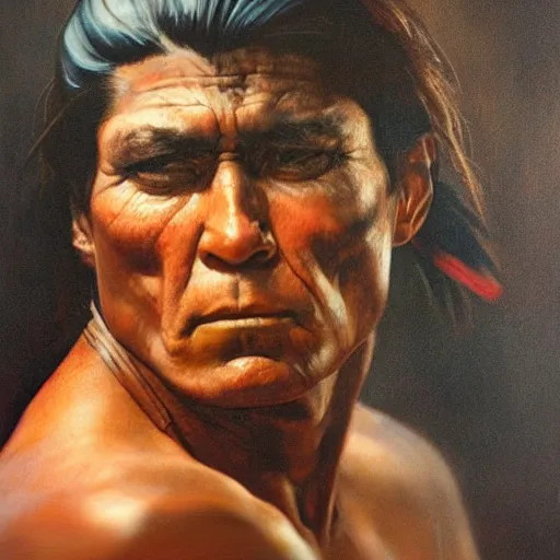 Prompt: ultra realistic portrait painting of a native american, art by frank frazetta, vintage levi ’ s ad, stormy weather, dark vibes, 4 k, ultra realistic, highly detailed, epic lighting