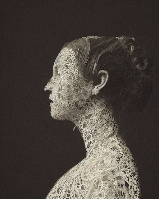 Image similar to a woman's face in profile, made of intricate decorative lace leaf, in the style of the dutch masters and gregory crewdson, dark and moody