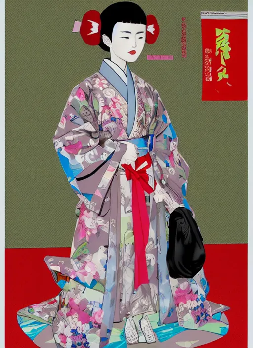Image similar to a digital copic maker portrait of a japanese girl detailed features wearing a kimono latex suit wedding dress - harajuku fashion synthetic materials, by balenciaga and issey miyake by ichiro tanida and mitsuo katsui