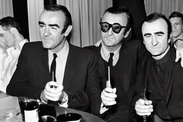 Image similar to sean connery and john lennon drinking martinis, color photograph, 1 9 6 0 s