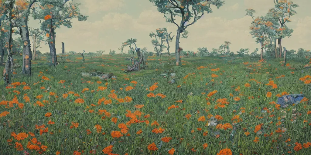 Image similar to landscape painting at noon by james jean and David Schnell painted in no mans land style
