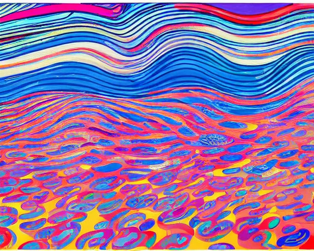 Image similar to Ocean waves in a psychedelic dream world. Edvard Munch. David Hockney. Takashi Murakami. Minimalist.