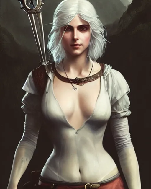 Image similar to Pre-Raphaelite Ciri from Witcher 3 by Artgerm and Greg Rutkowski, sharp focus, full body, intricate, elegant, highly detailed, digital painting, pale