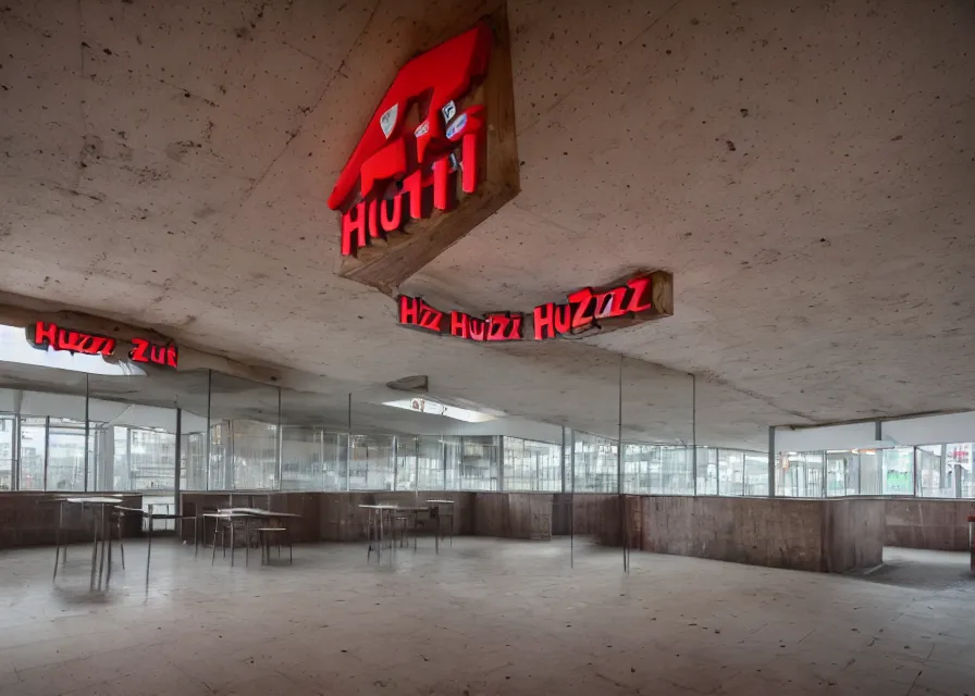 Prompt: brutalist pizza hut, 2 7 mm f / 5,