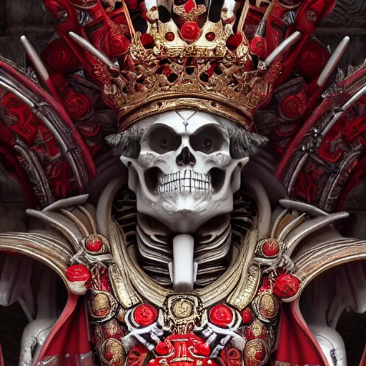 Image similar to skeleton king in a temple, standing by a throne. Thick red robes, shinning jeweled crown. Mighty, 4k, artstation, high detail, octane, wide angle shot from below